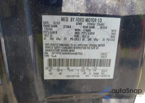 2006 Ford F-150 Fx4/Lariat/Xl/Xlt z USA, uszkodzony, nr VIN 1FTPX14506NA48762